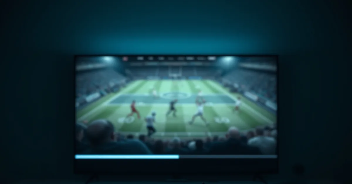 Mörkt vardagsrum på kvällen där en TV visar en frusen fotbollsmatch med en laddningsindikator, router med blinkande lampor syns i förgrunden