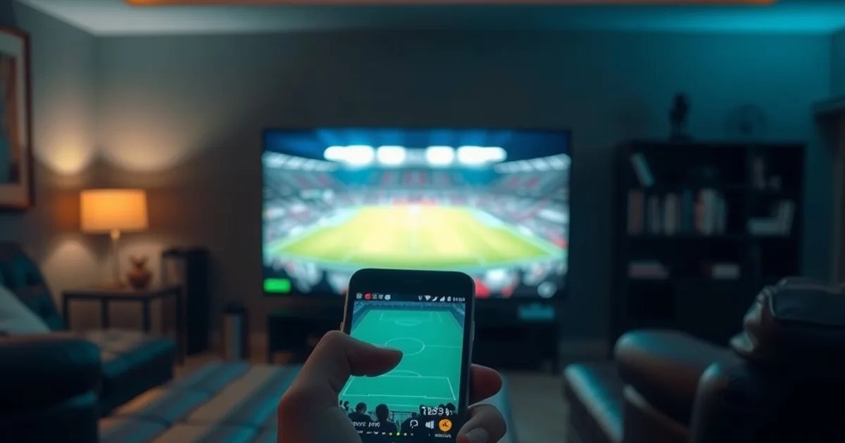 En hand håller en mobiltelefon med en fotbollsmatch i en mörk vardagsrumsmiljö, med en tv-skärm och stadionljus suddigt i bakgrunden.