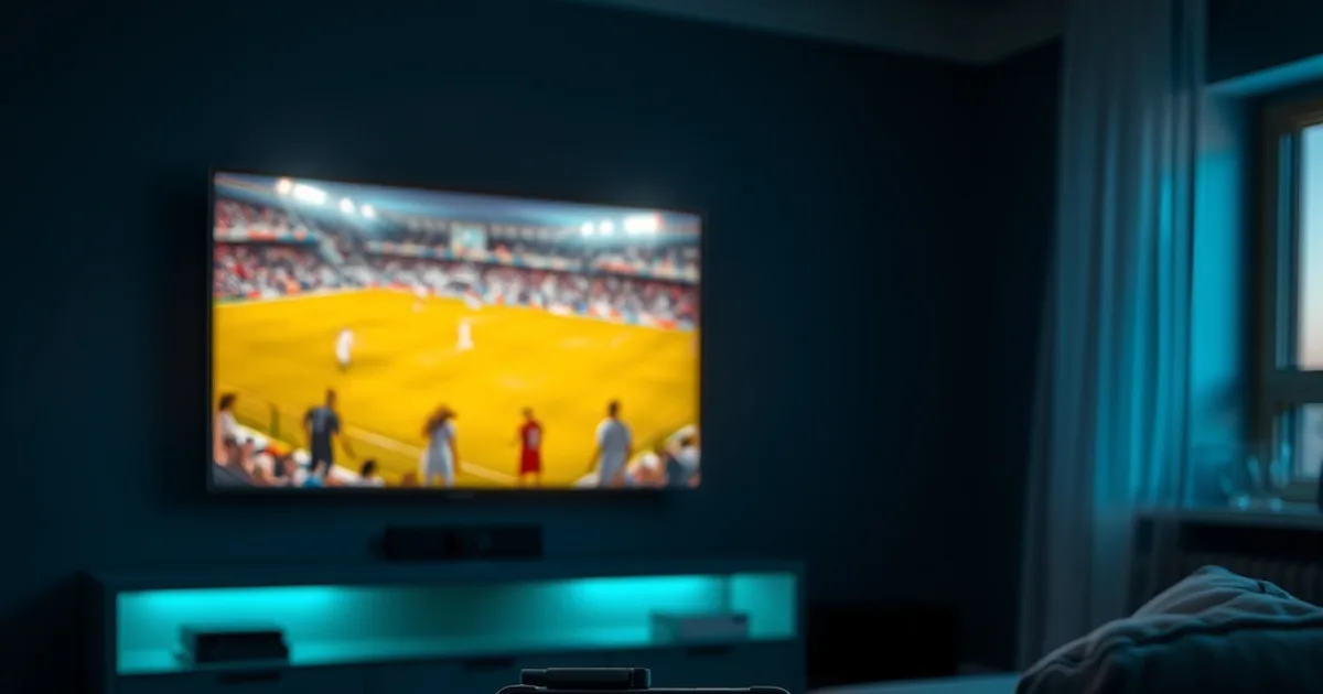 Mörkt vardagsrum i skymning med en tv som visar fotboll, en surfplatta med barnprogram och en mobil med flera streamingappar synliga samtidigt