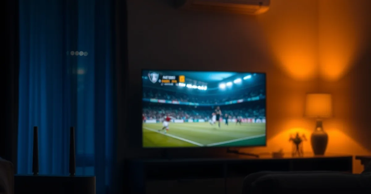 Mörk, filmisk bild av ett svenskt vardagsrum i skymning, med en fiberbox som lyser på ena sidan och en TV-skärm som visar en fotbollsmatch på andra sidan.