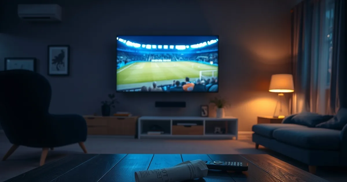 Mörkt skandinaviskt vardagsrum på kvällen med en TV som lyser upp rummet under en fotbollsmatch, medan mynt, ett kvitto och flera fjärrkontroller ligger på soffbordet i förgrunden som en symbol för kostnaden av flera TV-abonnemang.
