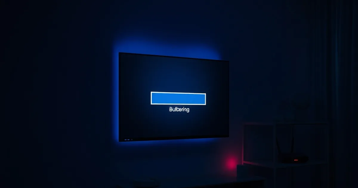 Ett mörkt vardagsrum på kvällen med en TV som visar en frusen buffringssymbol och en router med ett blinkande rött varningsljus i bakgrunden.