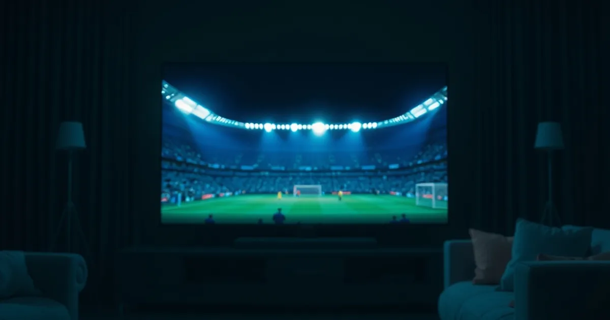 Mörkt vardagsrum på kvällen med en TV som lyser upp av en pågående Champions League-match i stadionljus