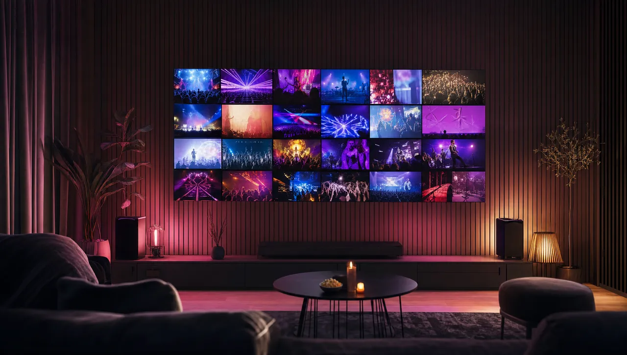 Vägg av skärmar som visar innehåll, som illustrerar IPTV på Smart TV och Firestick