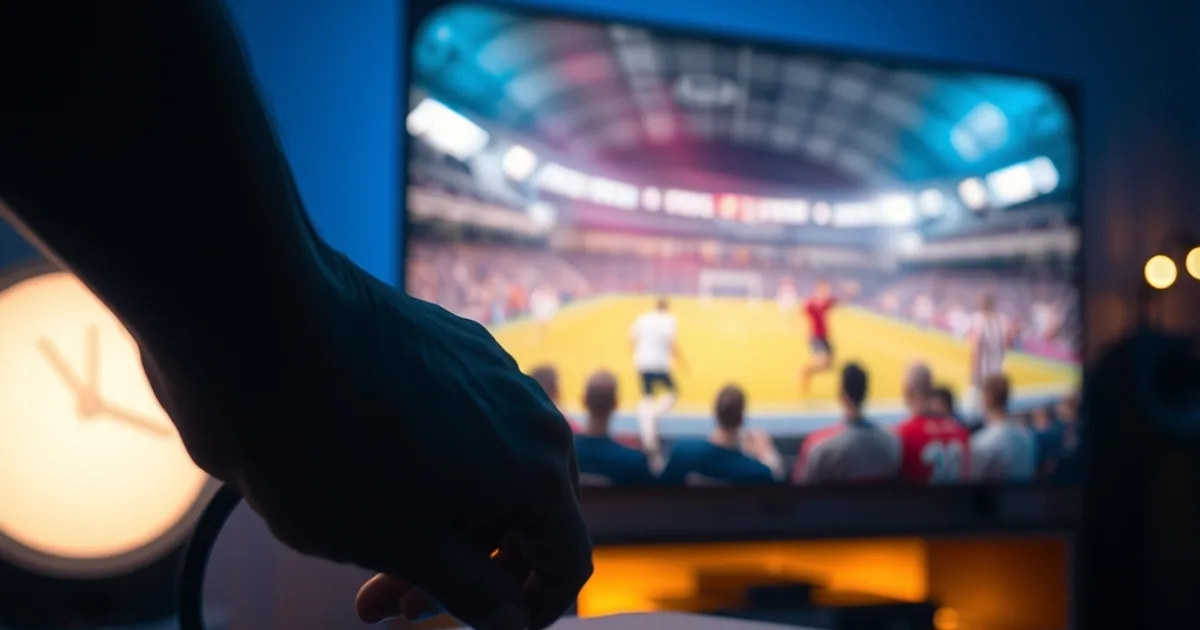 En hand ansluter en Ethernet-kabel till en router i ett mörkt vardagsrum med en fotbollsmatch synlig i bakgrunden på TV-skärmen
