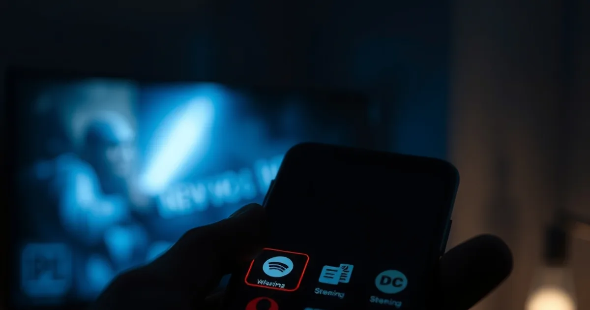 En smartphone-skärm i dunkelt ljus visar app-ikoner där en av dem lyser svagt rött, som en varningssignal om en osäker IPTV-app.