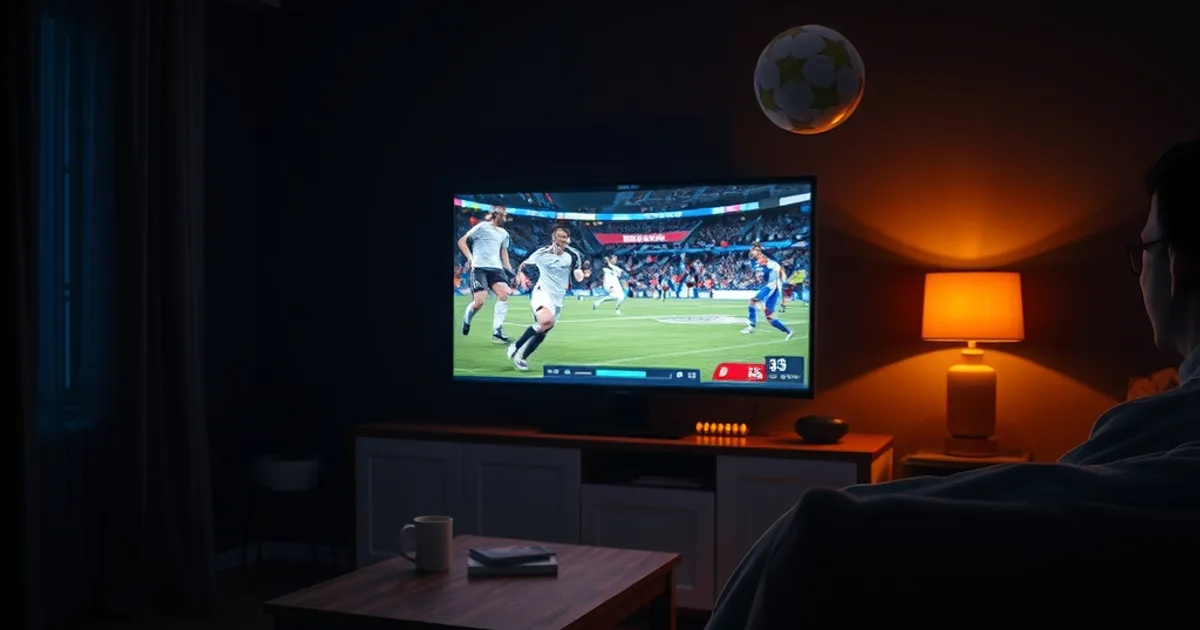 Mörkt, mysigt vardagsrum på kvällen där en familj streamar fotboll på tv:n medan en surfplatta visar barninnehåll och en mobil visar ishockey
