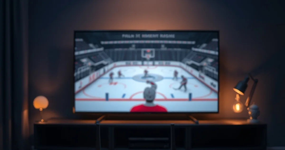 Mörkt vardagsrum på kvällen med en TV-skärm som visar ett fruset buffringshjul över en ishockeymatch, med en router och nätverkskabel synliga i förgrunden.