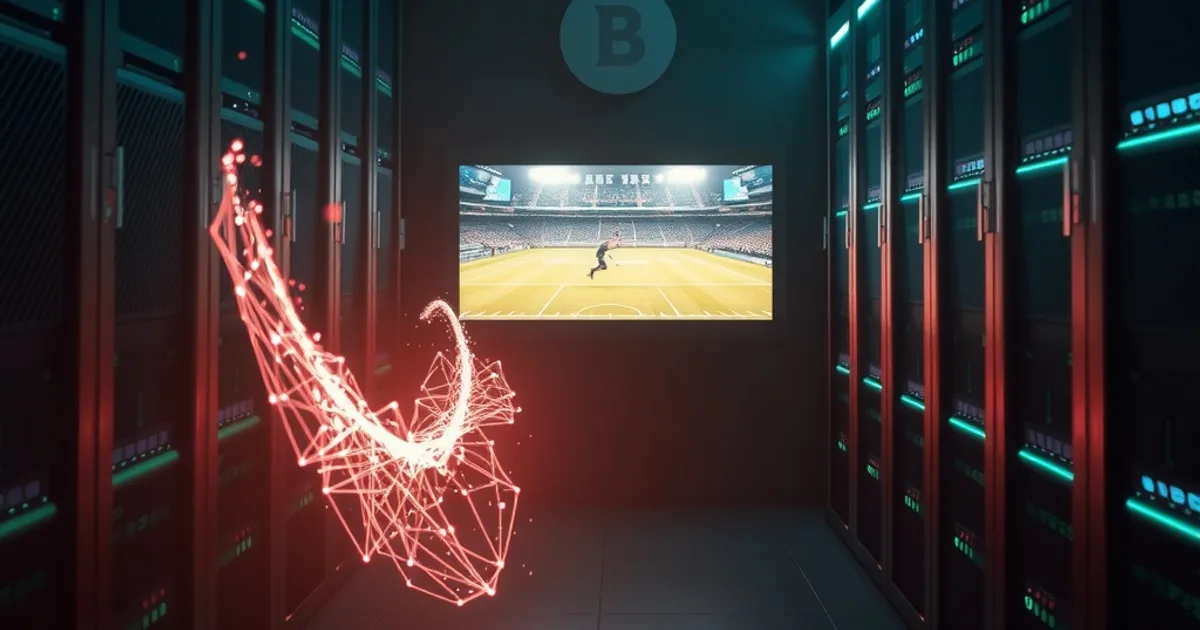 Två digitala dataströmmar i mörkblått och turkost ljus, en bred och en smal, som flödar mot en skärm med skarp sportbild, symboliserar bandbreddsskillnaden mellan H.264 och H.265.