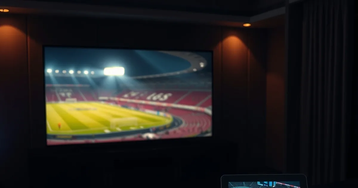 Mörkt vardagsrum på kvällen med en stor tv som visar en fotbollsplan och en surfplatta som visar en ishockeyrink i bakgrunden