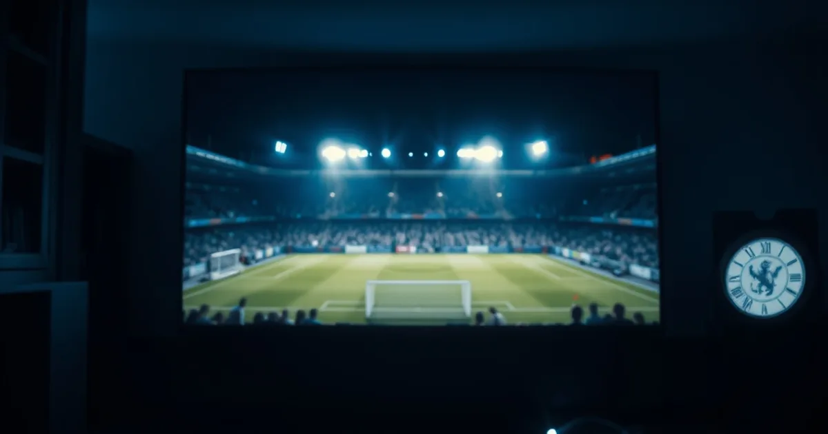 Mörkt vardagsrum på kvällen med en 4K-TV som visar en fotbollsplan i flottljus, en streamingbox med lysande diod under TV:n