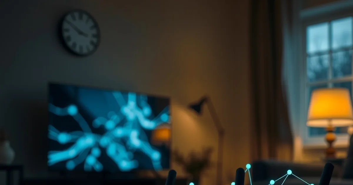 En router med lysande statuslampor i ett mörkt vardagsrum på kvällen, med abstrakta ljuslinjer som symboliserar snabb DNS-uppkoppling mot en TV i bakgrunden.