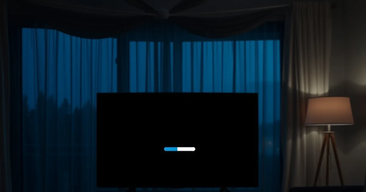 En smart-tv i ett mörkt vardagsrum visar en laddningsindikator, symbol för en blockerad IPTV-tjänst i skymning