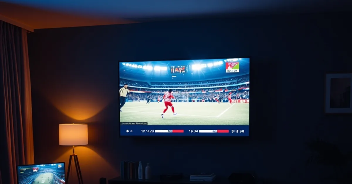 Mörkt nordiskt vardagsrum med en smart-TV, surfplatta och mobil som alla strömmar samtidigt, symboliserar IPTV för hela familjen.