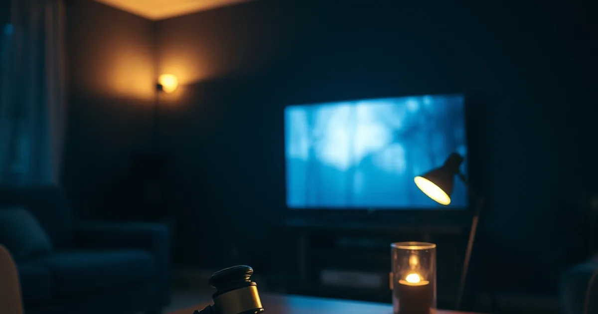 Ett dunkelt vardagsrum på kvällen med en tv som lyser i mörkret och en klubba som symboliserar den nya lagen