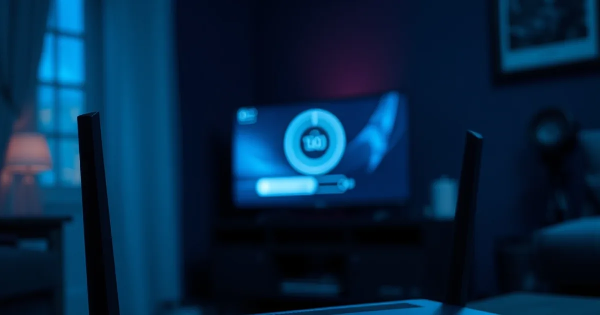 En mörk vardagsrumsscen med en router vars lampa lyser rött och en TV-skärm i bakgrunden som visar en laddningssnurra, symboliserar en blockerad IPTV-anslutning.