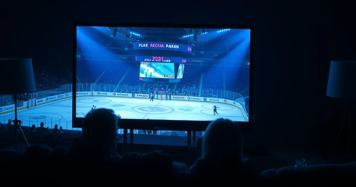 Mörk, filmisk scen av en ishockeyarena på natten sedd via en TV-skärm i ett hem, med kall blå belysning som speglas i vardagsrummet.