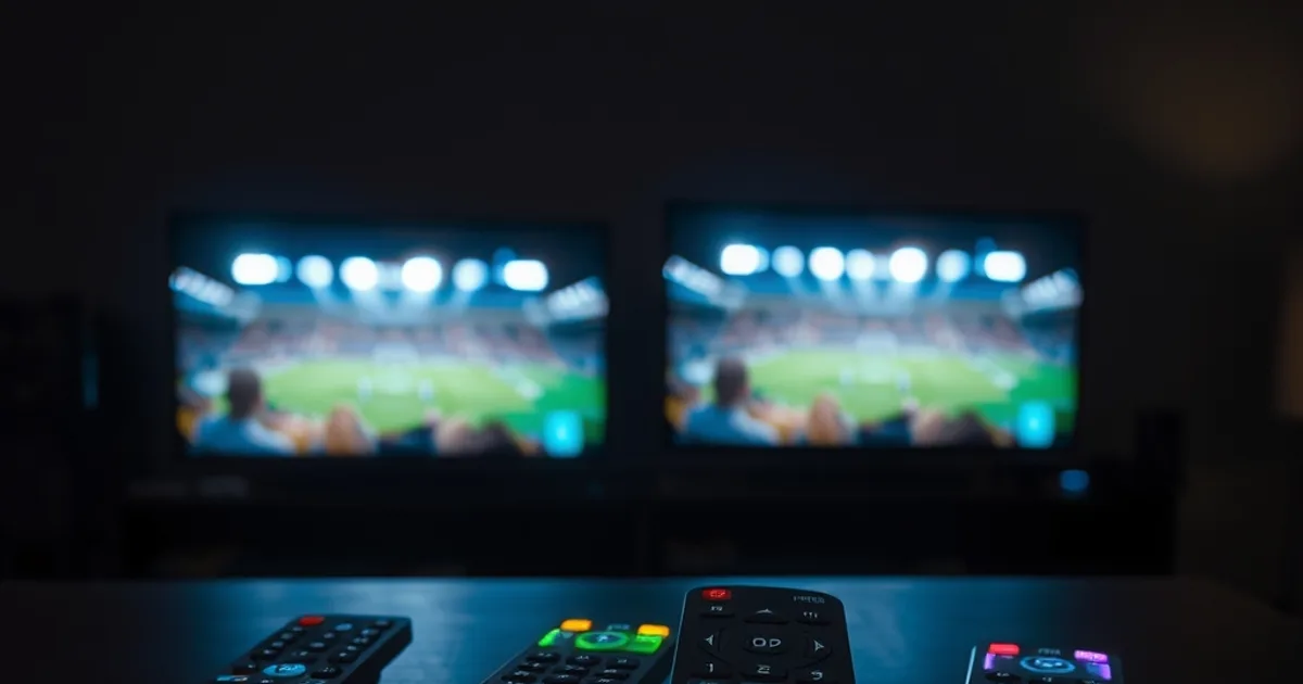 Fyra fjärrkontroller på ett mörkt bord i skymning, varsin belyst i en egen färg, med en suddig tv-skärm i bakgrunden som visar en fotbollsplan under strålkastarljus.
