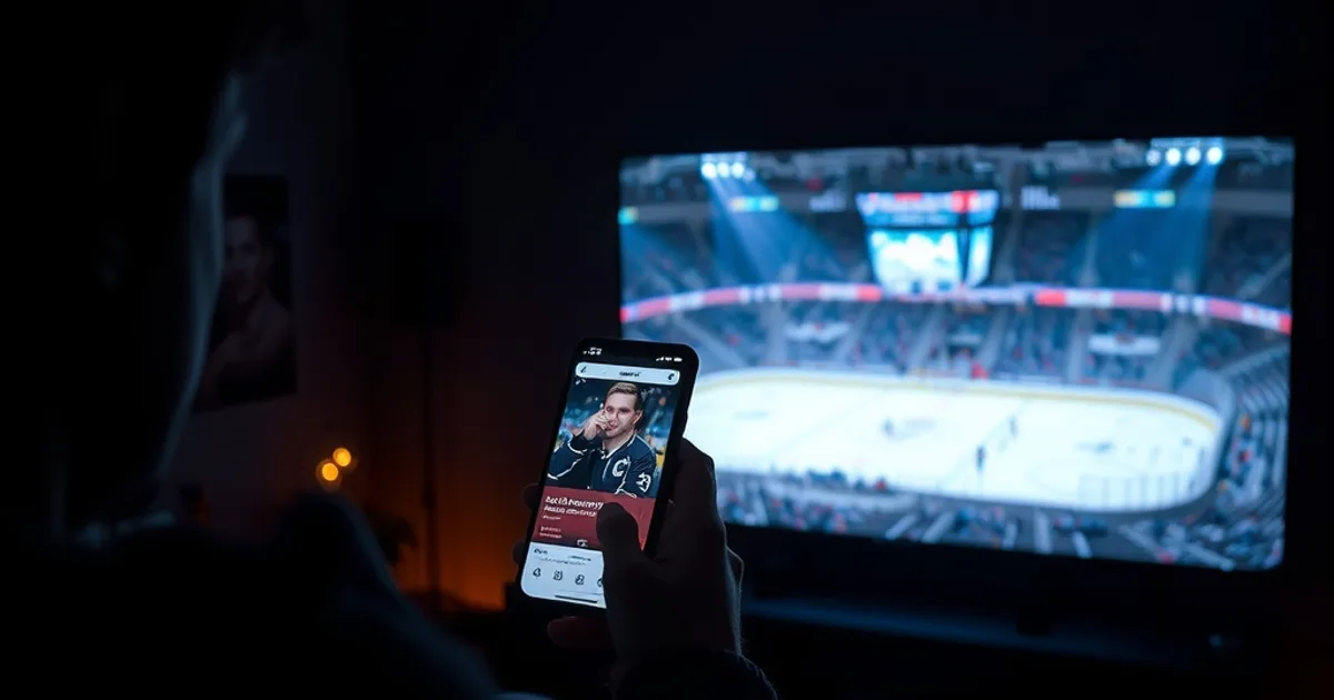 En person sitter i ett mörkt vardagsrum och väljer streamingtjänst på sin mobil, medan en ishockeymatch syns suddigt i bakgrunden på TV:n.