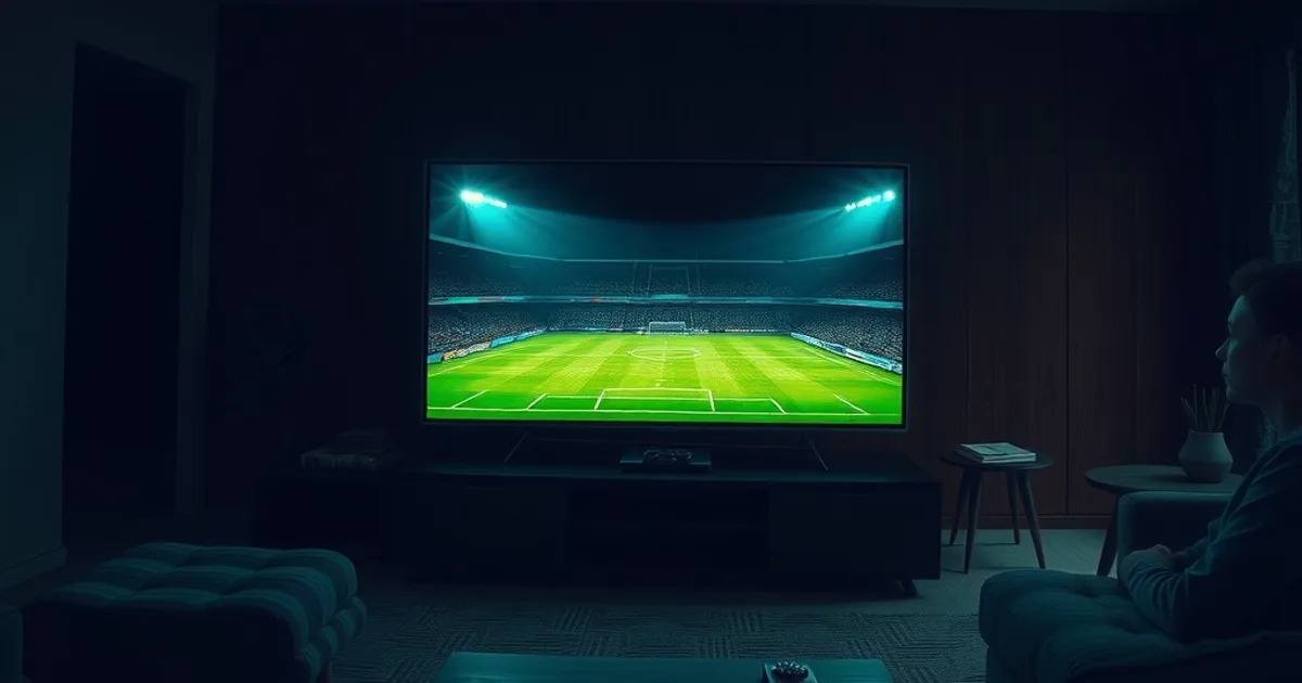 Mörkt, minimalistiskt vardagsrum på kvällen med en stor TV som lyser upp rummet i grönt sken från en fotbollsplan.
