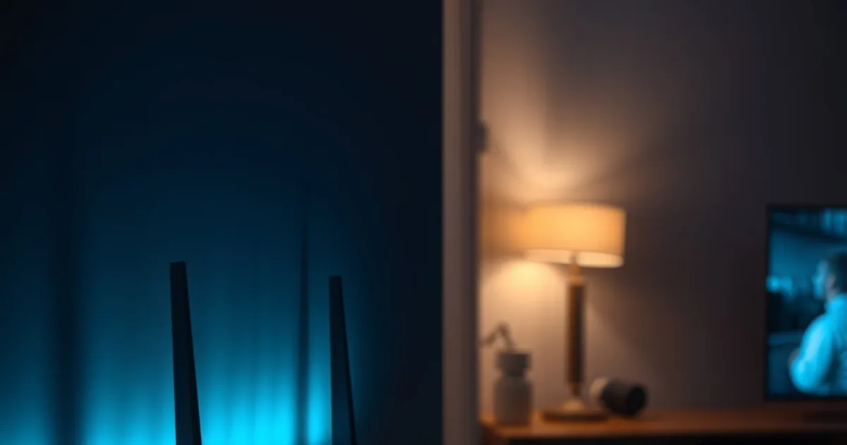 En router med lysande statuslampor i mörk miljö, med en TV som lyser svagt i bakgrunden, symboliserar hemnätverksoptimering för IPTV