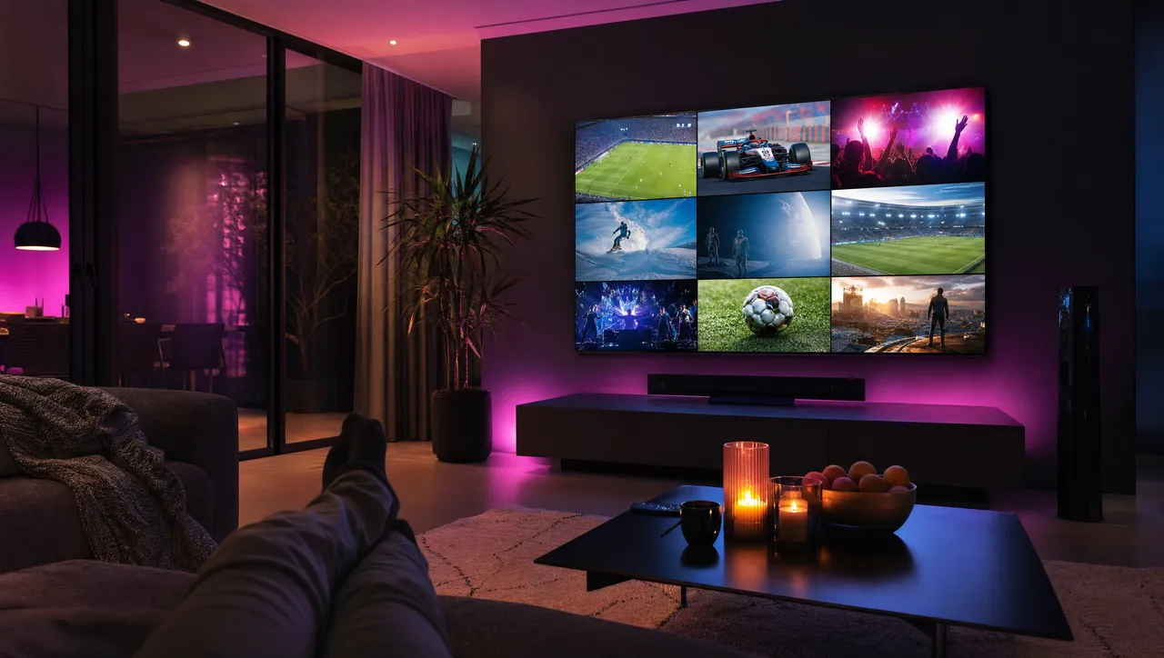 TV i ett vardagsrum som visar live-kanaler, sport och film samlade i ett enda IPTV-abonnemang