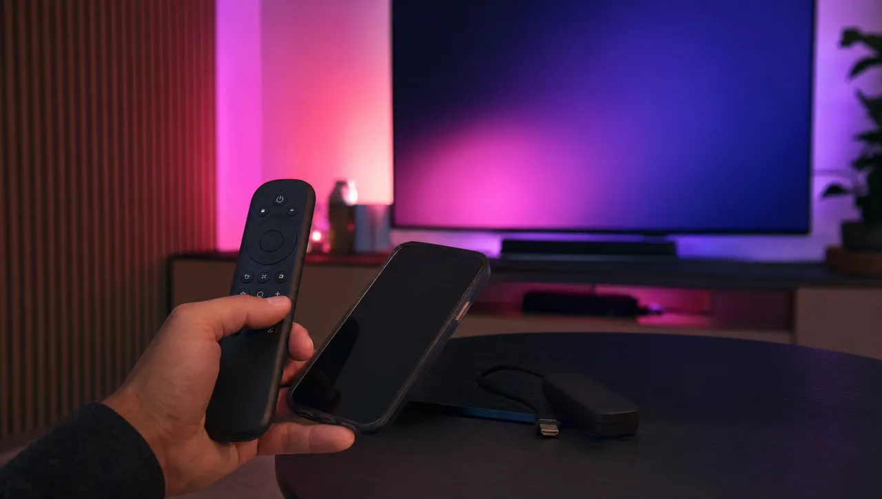 Fjärrkontroll framför en TV, som visar den enkla installationen av IPTV på Smart TV och Firestick