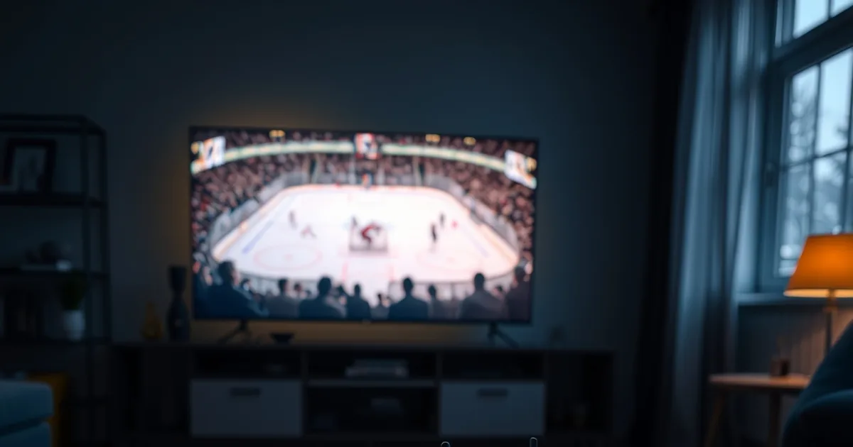 Mörkt, mysigt vardagsrum i skymning med en TV som lyser upp rummet, fjärrkontroller och en router på soffbordet arrangerade som pusselbitar.