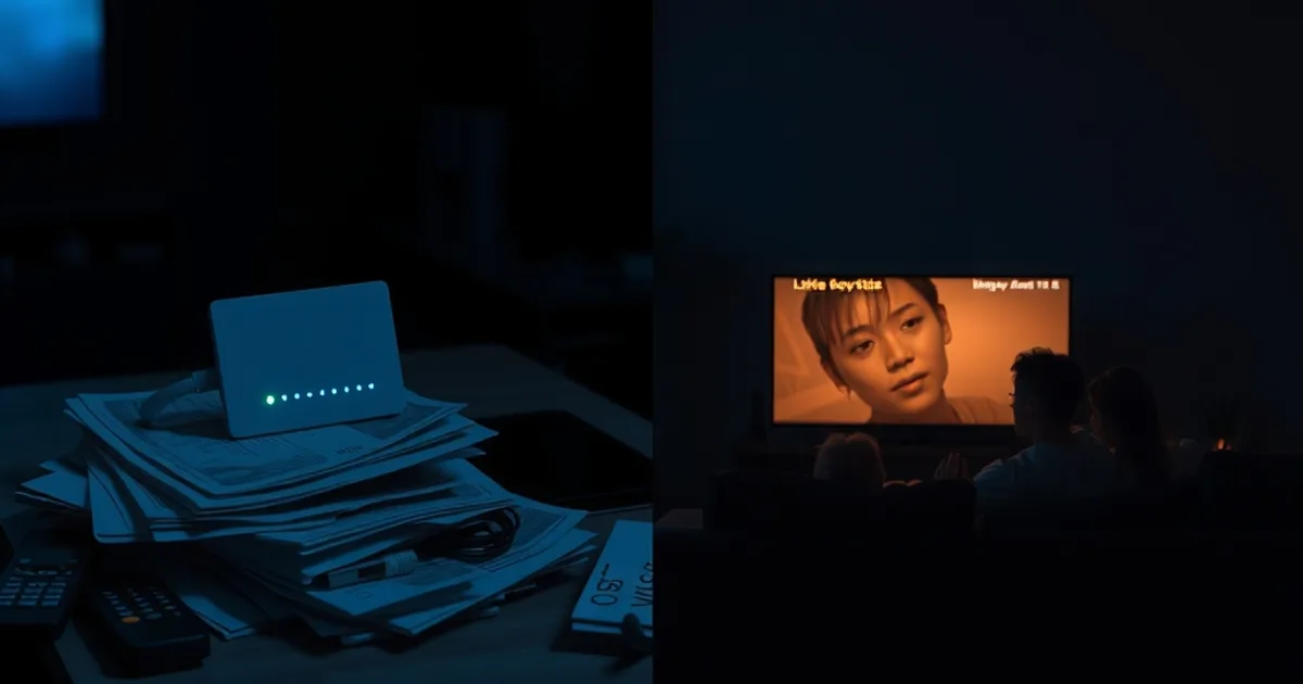 Delad bild: ena sidan en hög räkningar i ett mörkt rum, andra sidan en familj som mysigt tittar på en enda skärm tillsammans i dunkelt ljus.