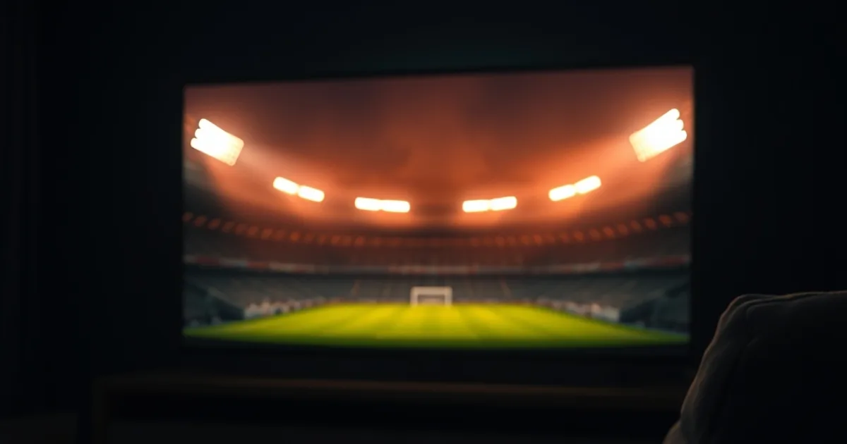 Mörkt vardagsrum på kvällen med en stor skärm som lyser upp av en stadionsiluett, fjärrkontroll i förgrunden