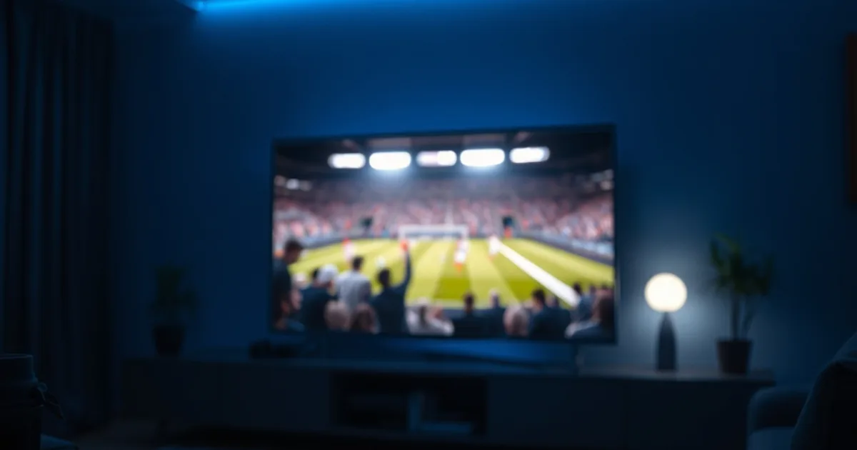 Mörkt vardagsrum på natten med en TV som lyser upp av en pågående fotbollsmatch och en streamingbox synlig vid TV-bänken