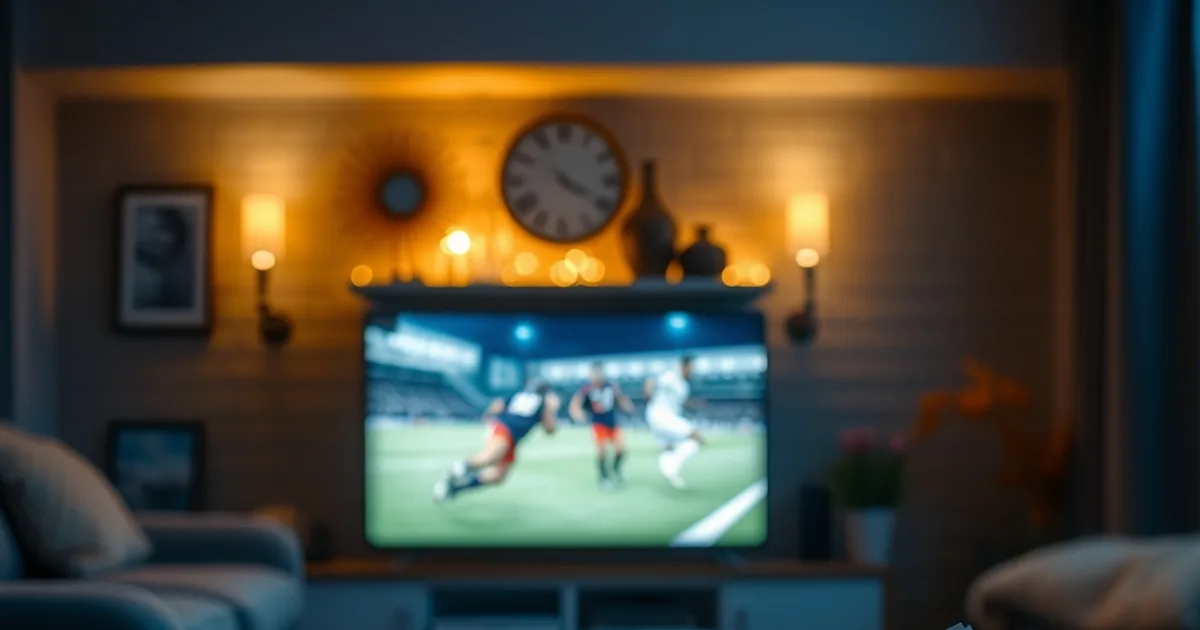 Mörkt vardagsrum på kvällen med flera fjärrkontroller och en hög fakturor på soffbordet, medan en fotbollsmatch lyser suddigt på tv:n i bakgrunden