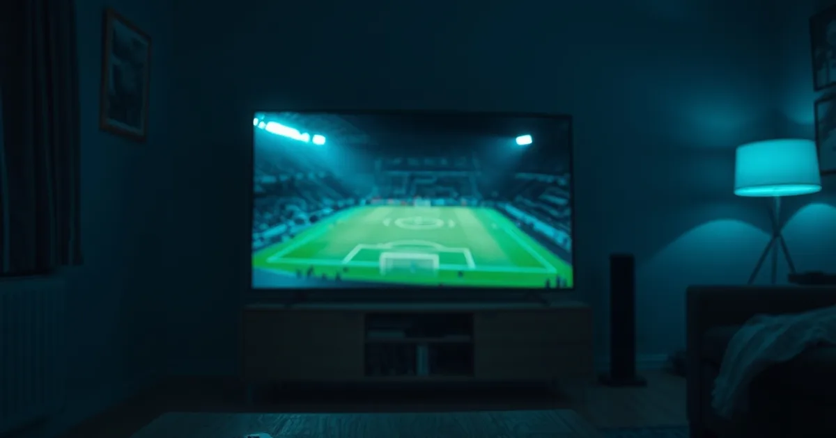 Mörkt vardagsrum på kvällen där en tv lyser upp med en fotbollsplan under strålkastarljus, med en mobil på soffbordet som visar flera olika streamingappar