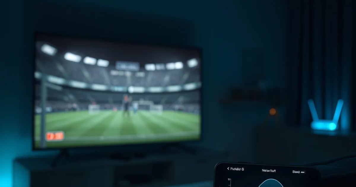 Mörkt vardagsrum på kvällen med en tv som visar en frusen fotbollsbild och en mobil med ett hastighetstest i förgrunden