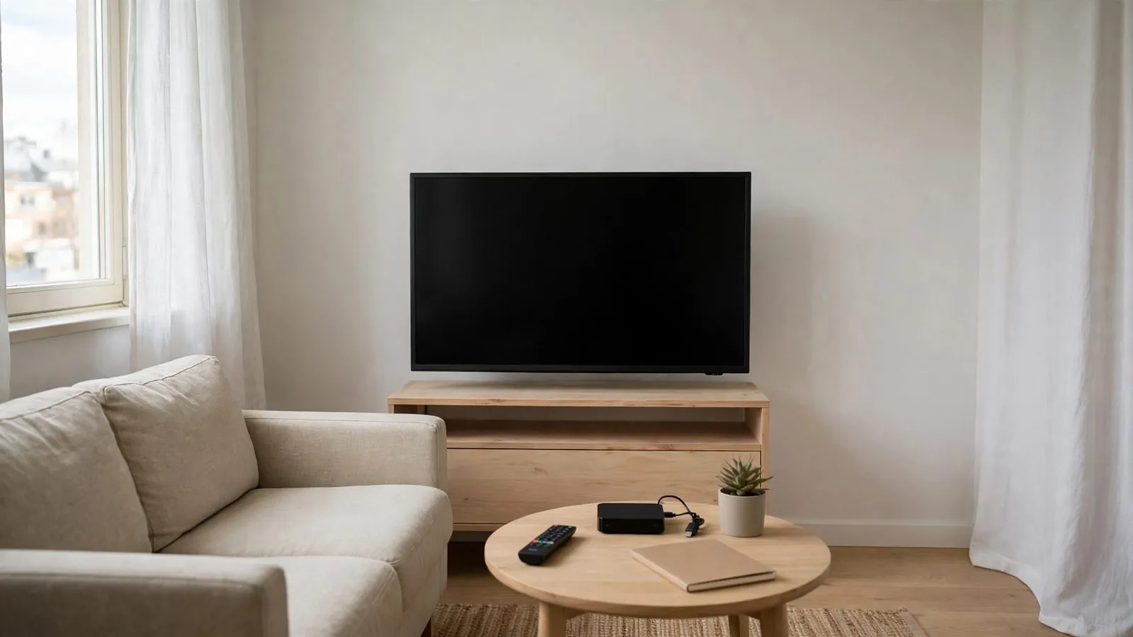 En avstängd tv placerad på en tv-bänk i trä i ett vardagsrum bredvid en soffa.